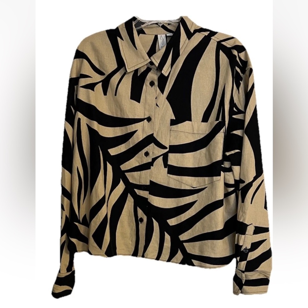 Joie Animal Print Linen Blend Long Sleeve Size XL Button Front Shirt Black/Tan